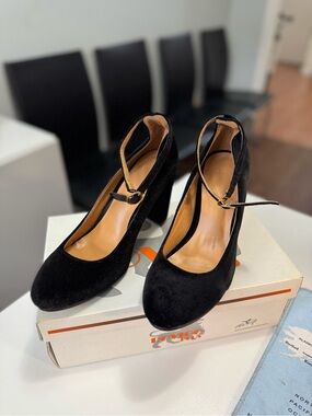 Black Suede Mary Jane Heels with Ankle Strap